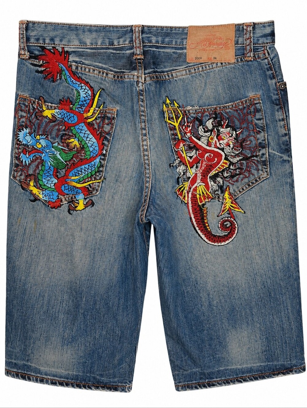 Men’s Ed Hardy Denim Shorts Size 34 Dragon Embroidered Distressed Y2K Jean Short